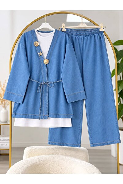 VOLT CLOTHİNG Kadın Tesettür Kuşaklı Gold Aksesuar Detaylı Kimono Takım