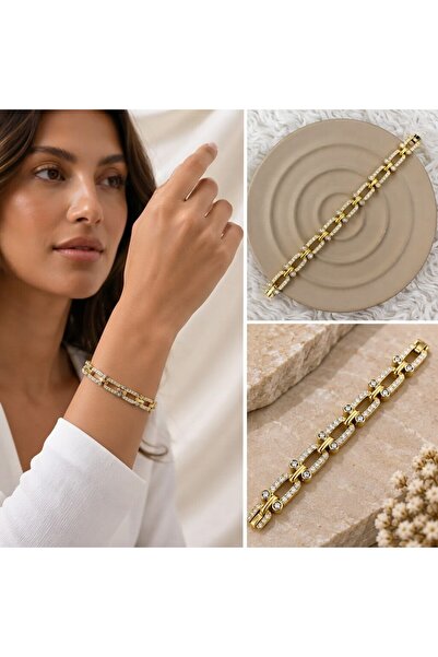 FM 💎   Premium Shiny and Stylish Stone Detailed Gold Color 316L Steel Women'...