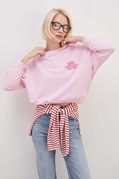 Fulla Moda 3 İplik Şardonsuz Nyc Baskılı Kolu Çimalı Sweatshirt