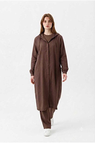 Neways 6465-Denim Parça Boya Yarasa Tunik Kahve