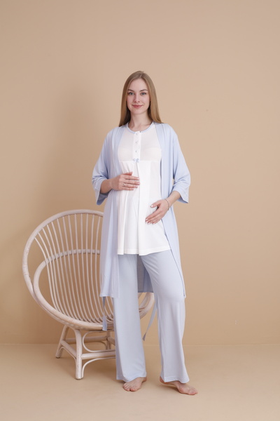 LORIAN'S Natural Blue Short Sleeve Maternity and Pregnancy Pajama Set, Set of 3