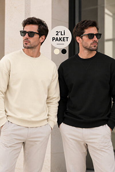 Polo State Erkek 2’li Paket Bisiklet Yaka Basic Günlük Sweatshirt - Ekru & Siyah