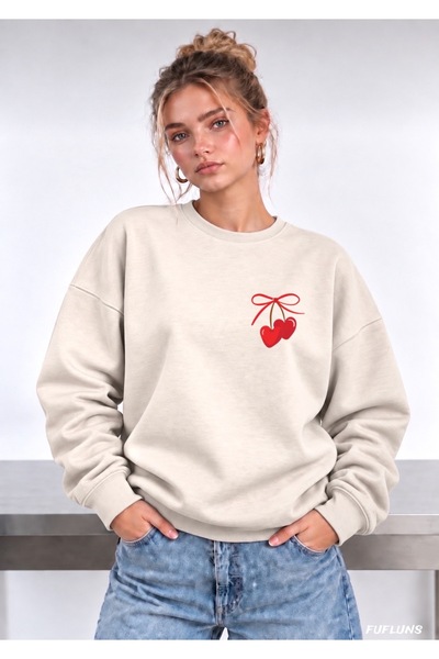 FUFLUNS Γυναικείο φούτερ με στάμπα Heart Cherry, oversized, με λαιμόκοψη ποδη...