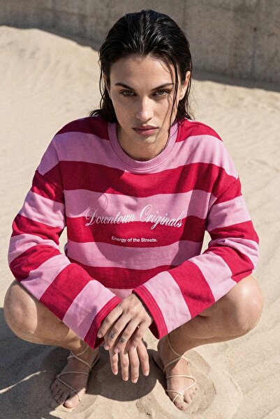 Hiccup %100 Pamuk Oversize Çizgili Sweatshirt