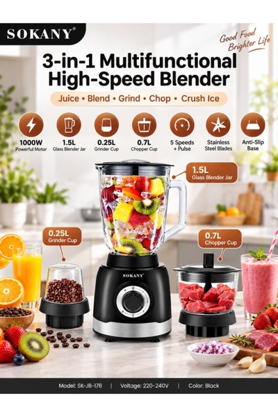 SOKANY 3-in-1 Blender 1000W, 1.5L Glass Jar with Grinder & Chopper, 5 Speeds ...
