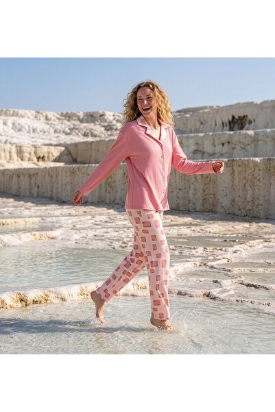 CALİA Powder Pink Square Patterned Berlin Fabric Long Sleeve Pajama Set