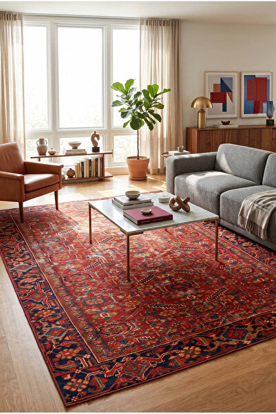 ARTLOOP İstanbul Kırmızı Etnik Vintage Desenli Dokuma Tabanlı Şönil Halı AL 633