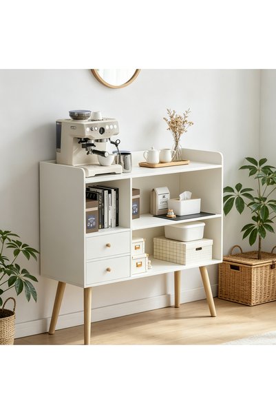 RahaShop Coffee Corner with Storage Drawers, Modern Coffee Cabinet Sideboard Buffet Storage Console Cabinet with drawer, White Bar Table Accent Table for Home