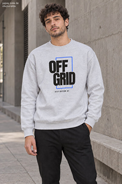 caddekombin Men's Black Off Grid Written Crew Neck Casual Regular Fit Sweatshirt