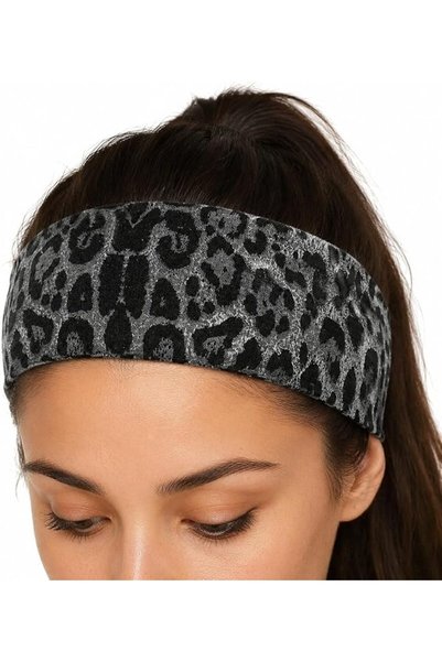 Sweet seven Leopard Print Knit Headband, Black Gray, Lightweight, Sweat Block