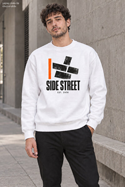 caddekombin Men's Side Street Lettered and Orange Line Detailed Crew Neck Cas...