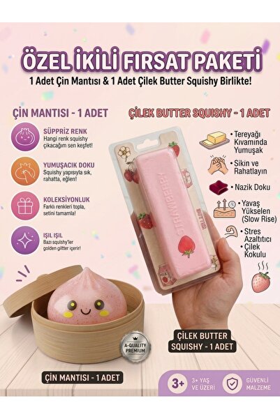 vittuc Dev Boy Renk Seçenekli Simli Çin Mantısı Squishy + Çilek Kokulu Butter...