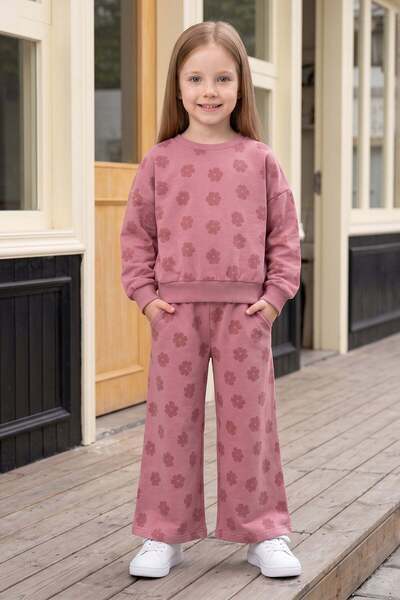 Fulla Moda Flock Flower Printed Crew Neck Girls' 2-Piece Set