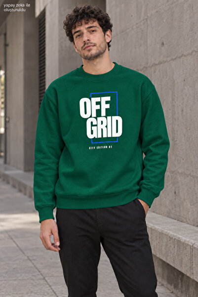 caddekombin Men's Black Off Grid Written Crew Neck Casual Regular Fit Sweatshirt