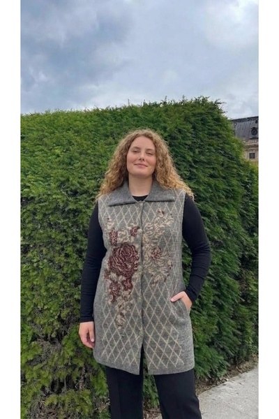 onno style women Plus Size Plaid Rose Piqué Patterned Steel Knitted Women's K...