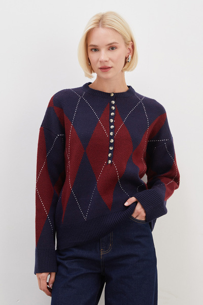 Fulla Moda Baklava Patterned Half Button Knitwear Sweater