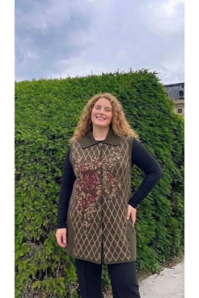 onno style women Plus Size Plaid Rose Piqué Patterned Steel Knitted Women's K...