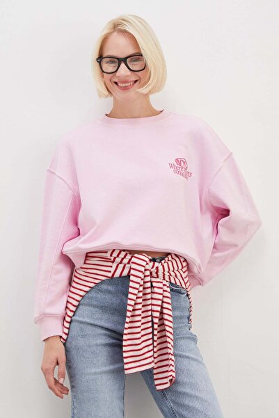 Fulla Moda 3 İplik Şardonsuz Nyc Baskılı Kolu Çimalı Sweatshirt