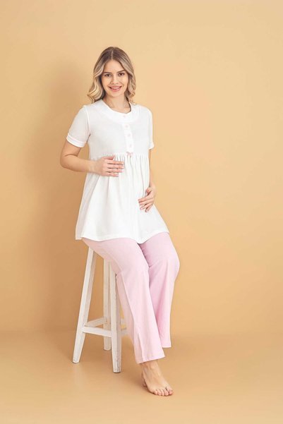 LORIAN'S Doğal Pamuklu Pembe Kısa Kollu Lohusa Pijama Takımı 3'Lü Set - % 100 Cotton