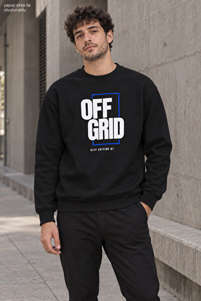 caddekombin Men's Black Off Grid Written Crew Neck Casual Regular Fit Sweatshirt