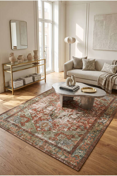 ARTLOOP İstanbul Kiremit Yeşil Vintage Desenli Dokuma Tabanlı Şönil Halı AL 639