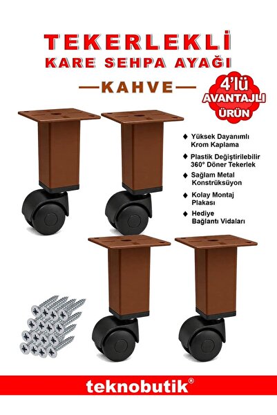 4 Adet 15cm Boy Kahve Kare Plastik Tekerlekli Mobilya Sehpa Ayağı