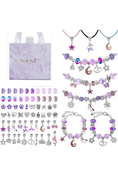 Tazweeq 66 Piece DIY Bead Jewelry Kit with Purple Gift Box, Rainbow Unicorn C...