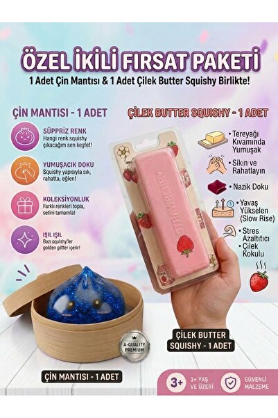 vittuc Dev Boy Renk Seçenekli Simli Çin Mantısı Squishy + Çilek Kokulu Butter...