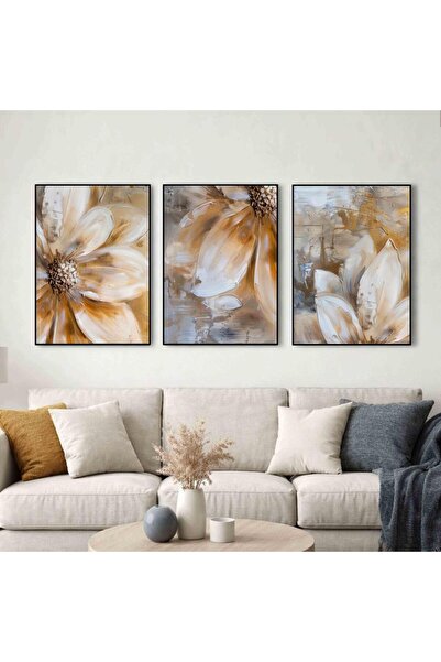 Generic Brand 3 Piece Canvas Art Set - Abstract Floral in Beige and Gold Tones