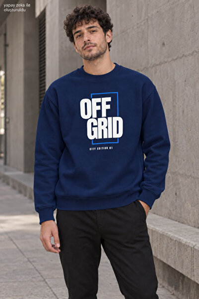 caddekombin Men's Black Off Grid Written Crew Neck Casual Regular Fit Sweatshirt