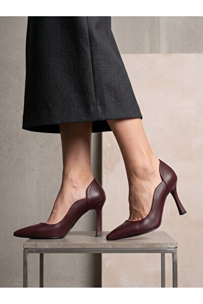 Güllü Shoes Burgundy Matte Stiletto Curved Side Cutout Pointed Toe Thin Heele...