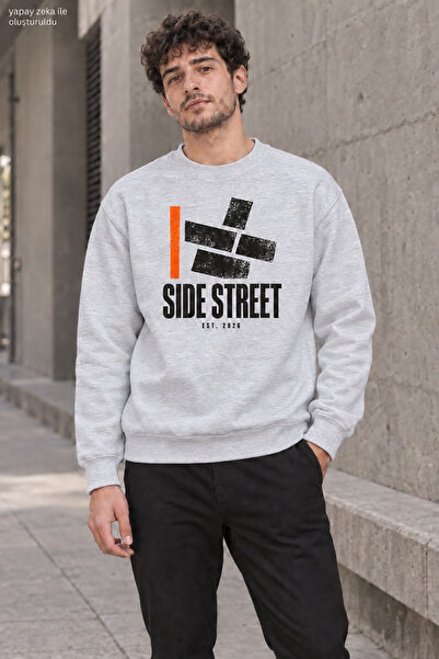 caddekombin Men's Side Street Lettered and Orange Line Detailed Crew Neck Cas...