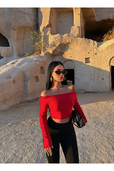 kırmızı butiks Red Folded Basic Madonna Crop
