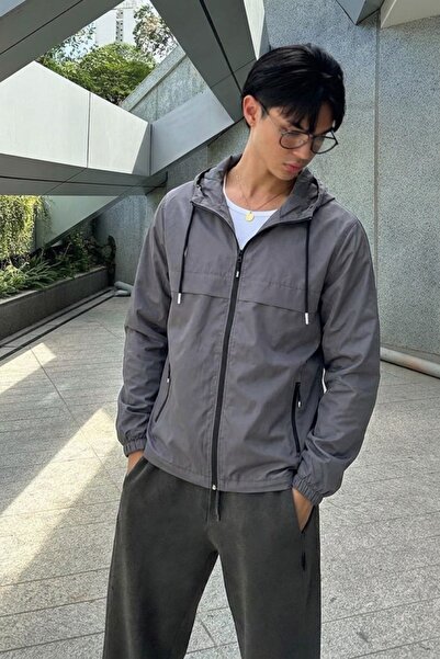 comstar Men's Trend Zippered Seasonal Striped Dark Gray Raincoat & Windbreaker