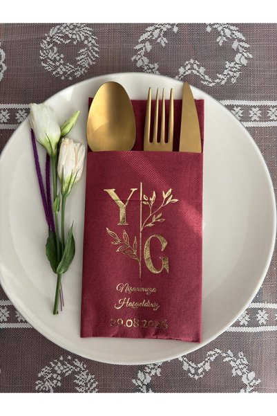 kidspartim Kişiye Özel GOLD Yaldızlı Çiçek Detaylı Nişanımıza hoşgeldiniz Yazılı Kanguru Cepli Peçete 12 Adet v