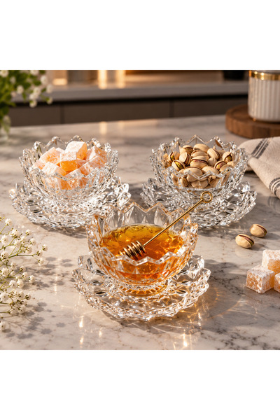 Premium Dolce 6’lı Kristal Görünümlü Çerezlik ve Sunum Kasesi Seti Alt Tabaklı