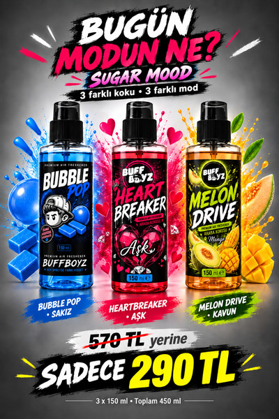 BUFFBOYZ Sugar Mood 3’lü Araba Kokusu Seti 150 ml x3 – Aşk, Kavun ve Sakız Ar...