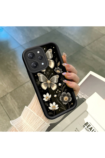PATTERNOVA Redmi 12 4G Uyumlu Mat Altın Kelebek Çiçek Kılıf, Zarif Siyah Altı...