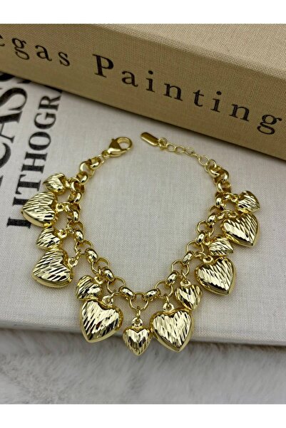 Hedef Bijuteri Gold Color Dangling Heart Detailed Chain Bracelet Cm142