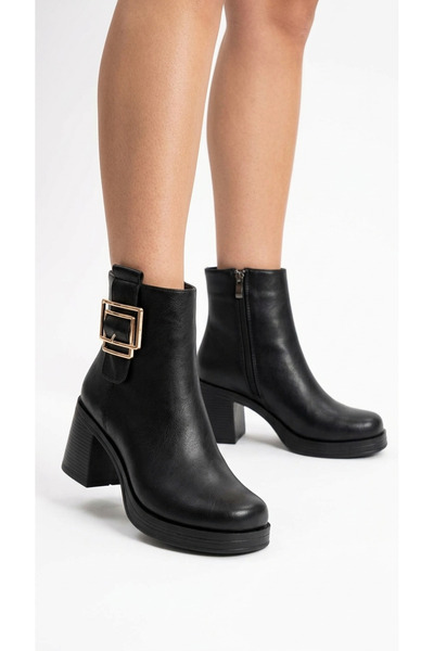 Limeo Women's Leather Look Large Buckle Thick Heeled Casual Boots