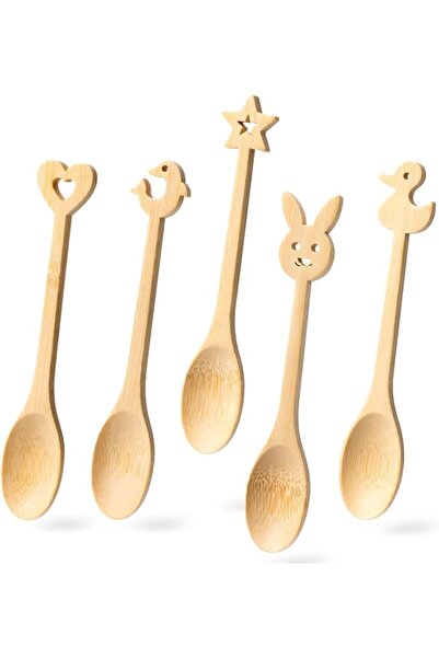 Tazweeq 5 Pack Mini Bamboo Spoons with Cartoon Handles, Adorable Wooden Spoon...