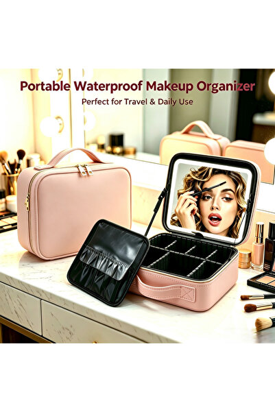 pjy LED Makeup Case with Mirror, Portable Travel Cosmetic Bag with Adjustable...