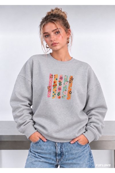 FUFLUNS Sirali Flowers Printed Oversize Women's Crewneck Sweatshirt