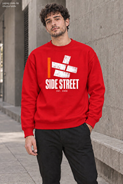 caddekombin Men's Side Street Lettered and Orange Line Detailed Crew Neck Cas...