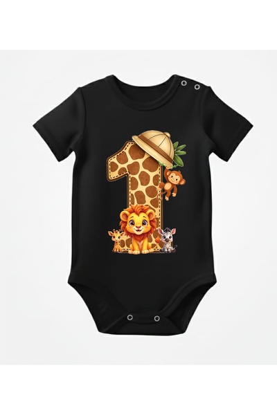 venüsdijital Safari-Themed 1-Year-Old Birthday Printed Baby Bodysuit