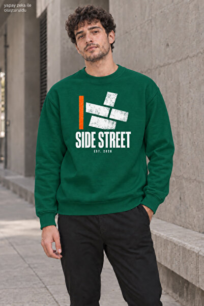 caddekombin Men's Side Street Lettered and Orange Line Detailed Crew Neck Cas...