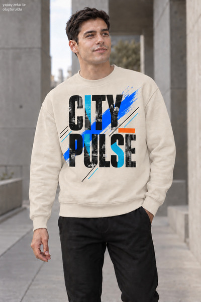 caddekombin Men's City Pulse Written Crew Neck Casual Regular Fit Sweatshirt