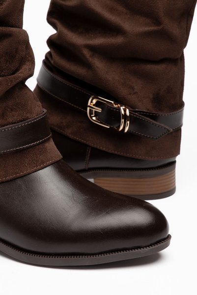 Hayalimdeki Ayakkabı Berry Women's Brown Shiny Leather - Suede Drawstring Short Boots