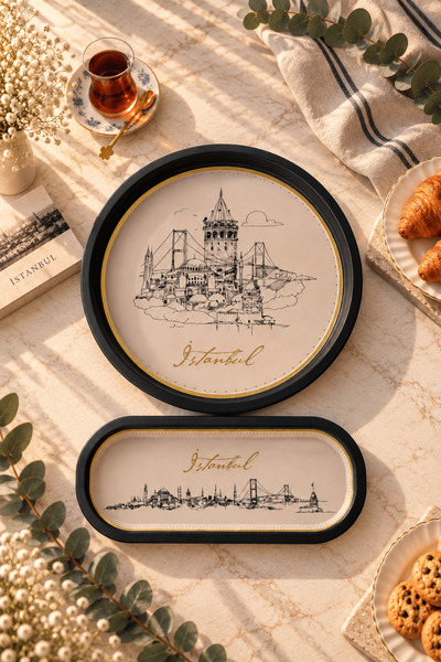 Sarkap Home 34 cm İstanbul Krem Tepsi ve 16x35 Oval Tepsi Seti