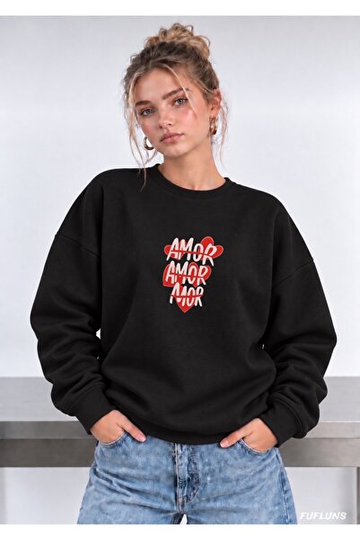 FUFLUNS Amor Heart Printed Oversized Women's Crewneck Sweatshirt